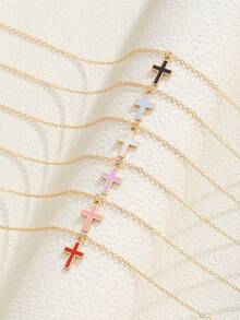 1 件简约可爱 6 色夏季十字架吊坠金合金项链，适合男孩和女孩日常佩戴，可用作日常旅行派对约会佩戴珠宝配饰，适合送给朋友家人节日生日礼物 - 彩色 - 查看 2