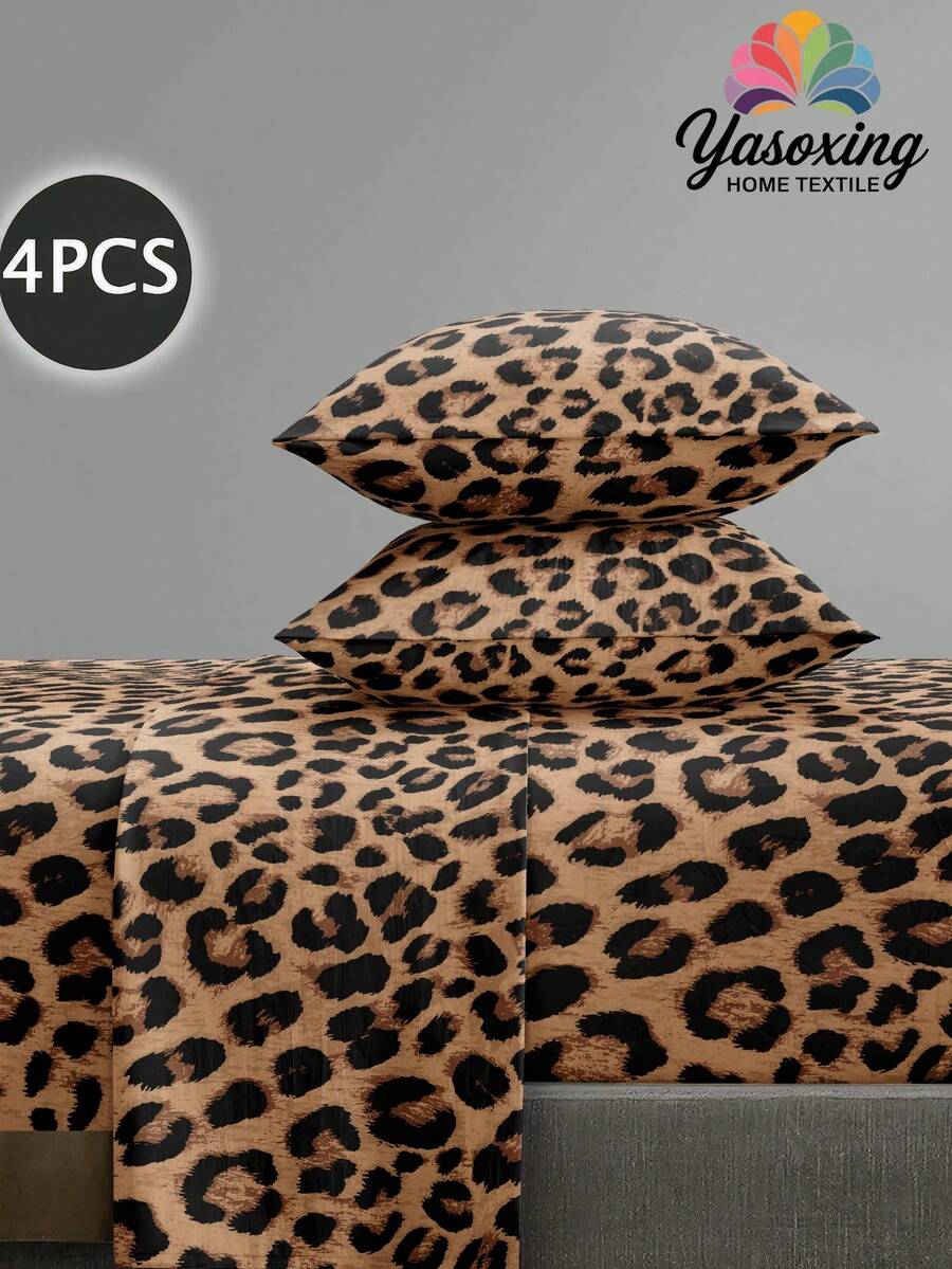 4件套咖啡棕色豹纹床品套装，柔软超细纤维易护理床品套装，花卉图案床单套装（1张床单+1条床裙+2个枕套），床裙套装，适用于单人床、双人床、大号床、特大号床，深口袋设计，适合厚度达11.8英寸的床垫，柔软透气，抗皱，奢华酒店风格，是送给父母、朋友、宿舍床品、开学季的理想礼物。 - 咖啡棕 - 查看 1