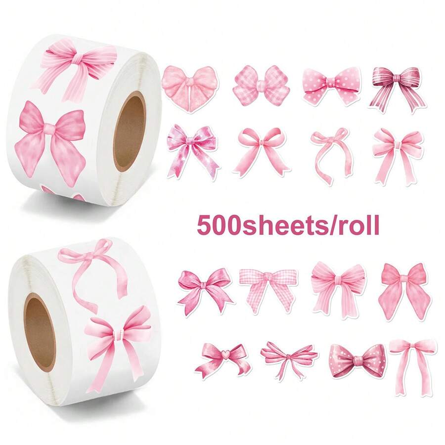 500pcs Stiker Pita Cat Air Merah Muda - 8 Desain Besar, Pita Lebar 3,05cm, Stiker Estetik Vinyl untuk Hadiah, Laptop, Botol, Scrapbooking, Koper, dan Amplop Komputer, Dekorasi Hadiah | Pita Elegan | Vinyl - Berwarna merah muda - View 1