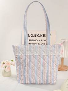 1 件大容量购物手提袋，带蕾丝装饰，可爱花朵和蝴蝶结图案单肩包，时尚绗缝设计手提包，轻便拉链手提包，女士旅行单肩包，带内袋，时尚双手柄钱包，适合购物、旅行、通勤、办公室、外出和学校，休闲购物袋，女童书包单肩包