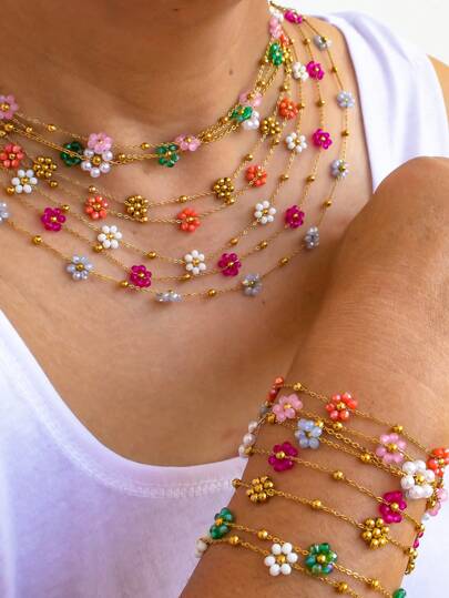 مجموعة مجوهرات من سوار وقلادة، طراز إيقوني بوهيمي مصنوع يدوياً من اللؤلؤ الملون والزهور والكريستال، مزينة بأساور معدنية لامعة ،2 قطعة/مجموعة
