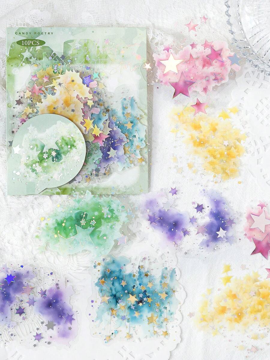 CANDY POETRY 10入/包 水彩漸層全息貼紙,適用剪貼簿、創意美學裝飾、DIY手工材料、節日禮物、個性化剪貼簿學校用品、返校用品 - 綠色 - 查看 1
