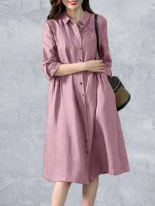 Women Pleating Casual Long Sleeve Shirt Dress Holiday Loose Solid Colour Long Dresses