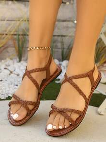 青少年学生新款时尚休闲交叉编织带元素平底凉鞋，休闲沙滩散步户外校园放松，适合春夏季，黑色、棕色、白色 - 棕色 - 查看 8