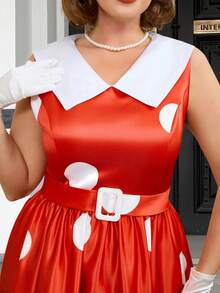 AOMEI Vestido rojo vintage de los años 50 de talla grande, estilo suelto, sin mangas, con cuello Peter Pan y estampado de lunares blancos - Rojo - Ver 2