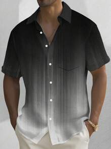 Men's Retro Gradient Striped 3D Digital Print Button Pocket Short Sleeve Shirt