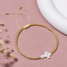 1 Stück legeres minimalistisches Perlen-Armband mit 4-Blatt Klee und Muschel, verstellbar, geeignet für den täglichen Gebrauch von Frauen und für den Urlaub, tolles Geschenk für den Geburtstag
