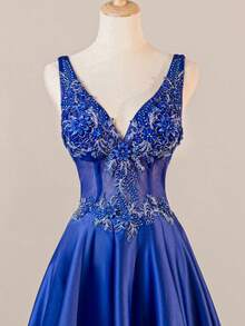 Navy Blue Vintage Sleeveless Deep V-Neck Luxury Lace Embroidery, Waist Mesh Hollow Out Semi-Sheer Dress, Full Hem, Elegant Birthday Or Evening Gown, Formal, Party Dress, For Wedding Guest