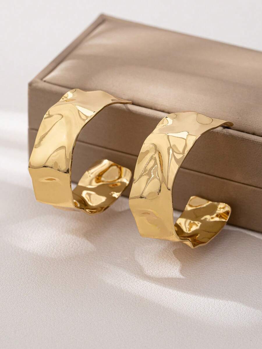 一对不对称几何褶皱金色环状耳环 - 金黃色 - 查看 1