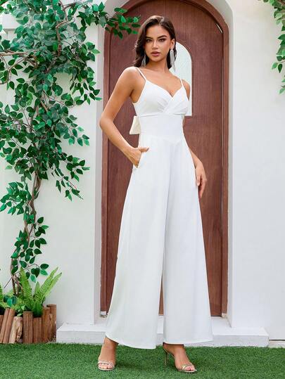 Mono de mujer para bodas y otros eventos con escote en V, tirantes y plisado, de corte ajustado