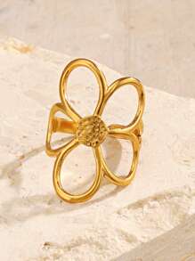 1 pieza Anillo con diseño floral dramático de acero inoxidable enchapado en oro de 18K, joyería de moda para que las mujeres puedan usar a diario, de viaje o en fiestas