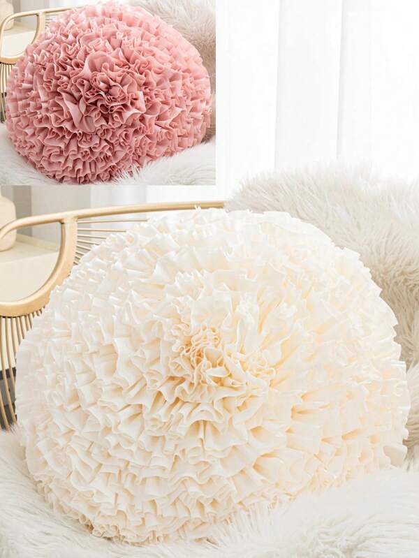 1pc/2pcs White & Pink Flower Petal Throw Pillow Covers, Bohemian Style Round/Square Handmade Pleated Applique Cushion Covers, For Home, Hotel, Living Room, Bedroom, Garden Sofa, Floral Shaped With No Insert, 45*45cm