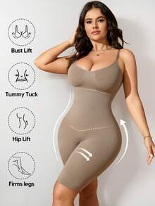 Plus Size Women's Adjustable Shoulder Straps Sculpting Tummy Control Butt Lift Bodysuit - Brown - View 4