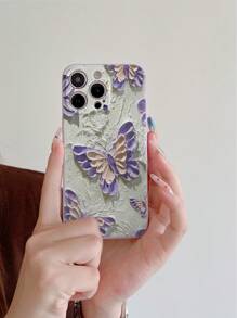 1pc Soft Protective Phone Case With Painting Butterfly Pattern, Suitable Compatible With Apple/Redmi/VIVO/OPPO, Light Purple