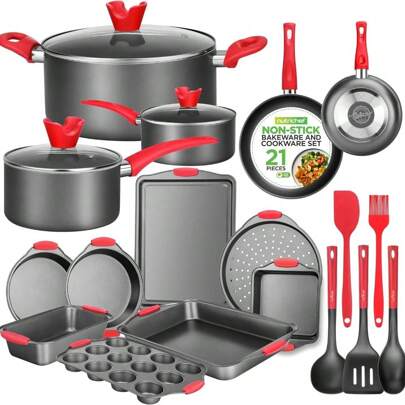 NutriChef 3-Piece Nonstick Kitchen Oven Baking Pans - Premium & Stylish Non-Stick Steel, Commercial Grade Restaurant Quality Metal Bakeware With Red S