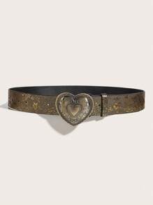 1pc Women's Retro Palace Style Heart-Shaped Metal Buckle Floral Embossed Waist Belt, Suitable For Everyday Wear