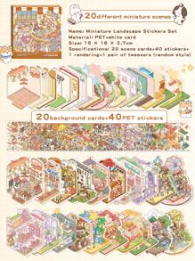 61 piezas Pegatinas decorativas DIY para casa, pegatinas de paisajismo, pegatinas de escena (incluye 20 escenas, 40 hojas de material, 1 pinza, 1 imagen de referencia), pegatinas de miniatura 3D de casa y paisaje micro para manualidades DIY, pegatinas de paisaje, pegatinas de libro, pegatinas de clasificación de escenas de casas pequeñas, reutilizables, disponibles en varios tamaños