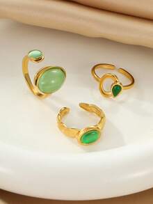 3 Stücke Edelstahl Damen Mode minimal goldfarben eingelegt grüner Katzenauge Edelstein Ring Set, geeignet zum Tragen oder als Geschenk für Damen