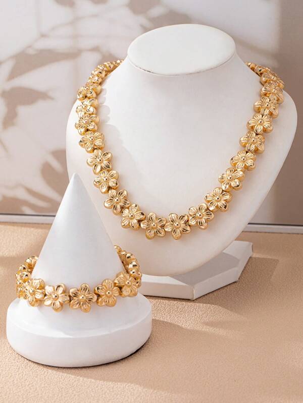 1 Set Of 2 Pieces Elegant Luxury CCB Flower & Pearl Bracelet And Necklace Set, Simple Fashion Daily Wear