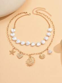 Set de 2 collares con colgante de concha marina para mujer, collar de metal dorado con perla artificial, accesorio versátil para uso diario, citas, fiestas y viajes