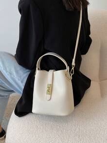 女士休闲斜挎水桶包 - 纯色，双层PU材质手提包，磁扣，可调节肩带单肩包 - 轻巧设计，适合通勤、休闲和约会，风格简约，用途广泛 - 米色 - 查看 3