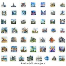 50 piezas Nuevas calcomanías de la serie de arquitectura en acuarela, calcomanías estéticas de vinilo para manualidades, diario, parachoques, monopatín, botella de agua, dibujos animados, casco de , automóvil y talla grande