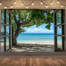 1 Stück Naturstrandomhang Fotohintergrund Tuch, Fensterbaum, grüne Blätter, Meersicht, Stranddekorationshintergrund, Fotorequisiten, Tapete, Landschaftsfotostudio Hintergrundvorhang, geeignet für Geburtstagsfeiern, Outdoor-Feiern, Urlaubsveranstaltungen, Partybanner, mit verschiedenen Größen zur Auswahl