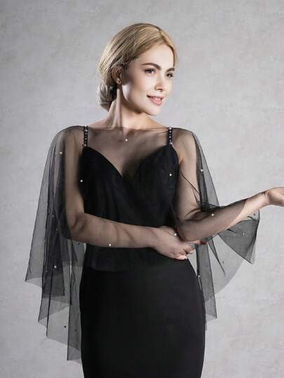 1 قطعة رداء عروس أسود بطراز جوتيك، وشاح إكسسوار مزين بخرز مصطنع، ملابس خريفية للنساء