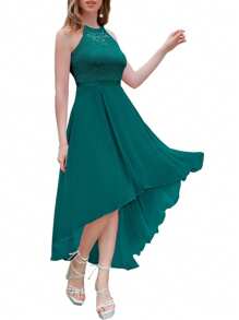 Abito in pizzo, abito da cocktail, scollo a V, lunghezza media, decorazione con cintura, scollatura, pizzo, abito da sera, temperamento, moda elegante, a strati