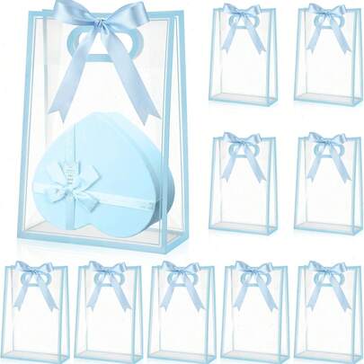 1/4/12 Pcs Clear Gift Bag With Ribbon For Baby Shower Cut Handles Graduation Reusable PP Flower Bag With Ribbon For Wedding Bridal Birthday Baby Shower Party Business, 7x10x3.15 Inch(Blue)