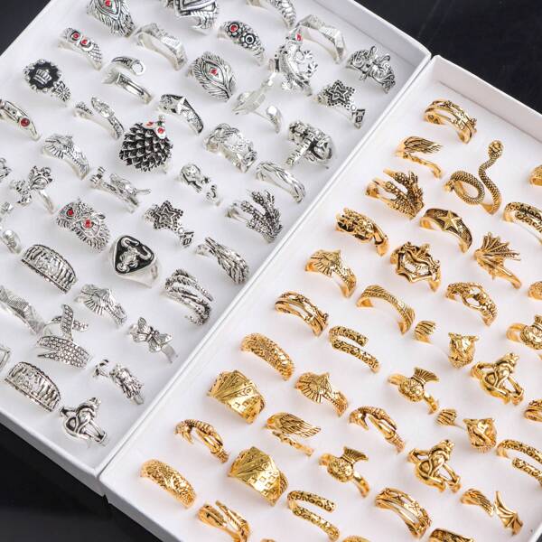 10pcs/Pack Mixed Retro Punk Style Stackable Rings, Animal Print Pattern Accessories For Casual, Party, Music Festival
