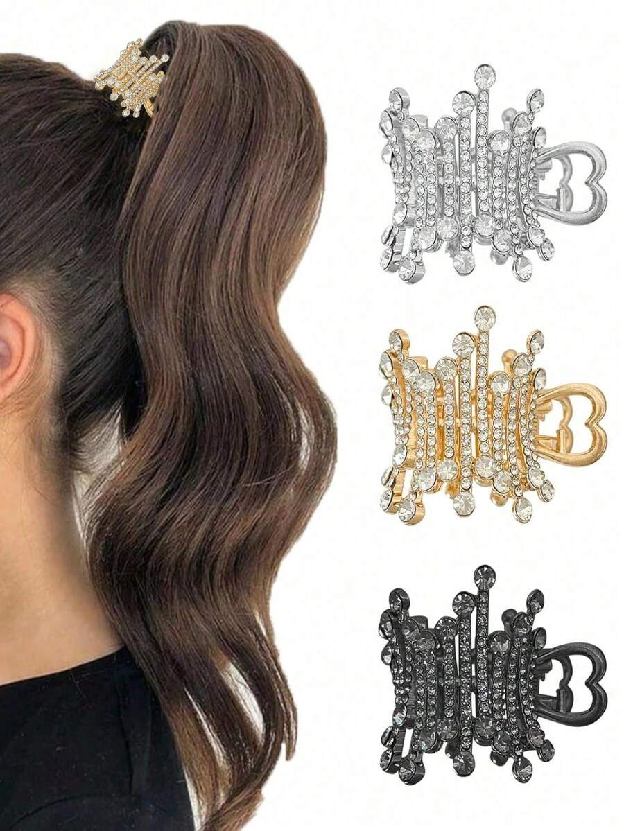 3个/套 情人节女士金色圆形水钻发夹，可固定高马尾，防滑，适合日常佩戴、居家、户外、通勤，优雅礼物，适合女孩上学佩戴，女士发饰，优雅爪夹 - 彩色 - 查看 1