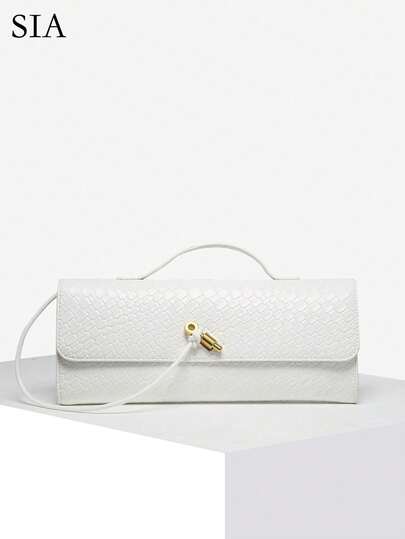 תיק קלאץ' לנשים SIA בסגנון רטרו מינימליסטי עם דוגמא ארוגה בצבע אדום אנגולה, וינטג' עם מנעול דש, תיק יד גדול עם קיבולת גבוהה, צד גוף למסיבת ערב, התאמה יומיומית