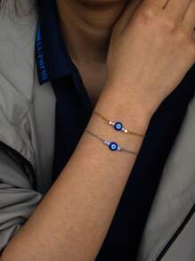 Conjunto de 2 peças de colar e pulseira de contas geométricas assimétricas minimalistas e modernas com mau-olhado em aço inoxidável, adequado para uso diário