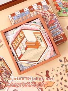 61 piezas Pegatinas decorativas DIY para casa, pegatinas de paisajismo, pegatinas de escena (incluye 20 escenas, 40 hojas de material, 1 pinza, 1 imagen de referencia), pegatinas de miniatura 3D de casa y paisaje micro para manualidades DIY, pegatinas de paisaje, pegatinas de libro, pegatinas de clasificación de escenas de casas pequeñas, reutilizables, disponibles en varios tamaños