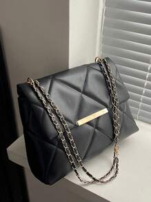 Bolsa de Ombro de Couro PU em Cores Sólidas e Bordados, Moda Casual Feminina, Grande Capacidade