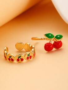 3/2/1pc Cute Metal Green Leaf, Red Cherry, Strawberry Rings, Suitable For Women's Daily/Holiday Wear