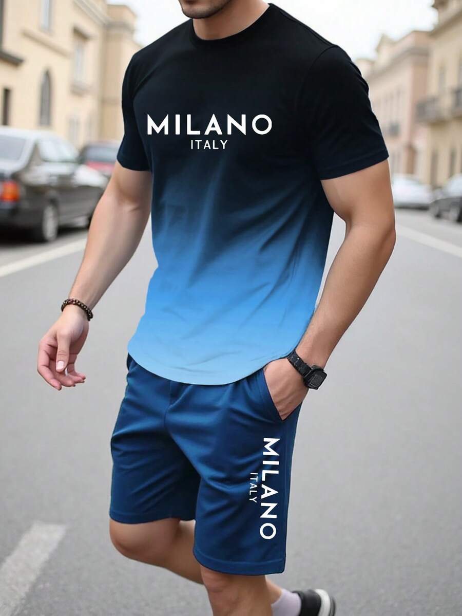 2 Stücke Herren Sommer Farbverlauf T-Shirt mit Buchstaben Muster & Lässige Shorts Sport Set - Verschiedenfarbig - Übersicht 1