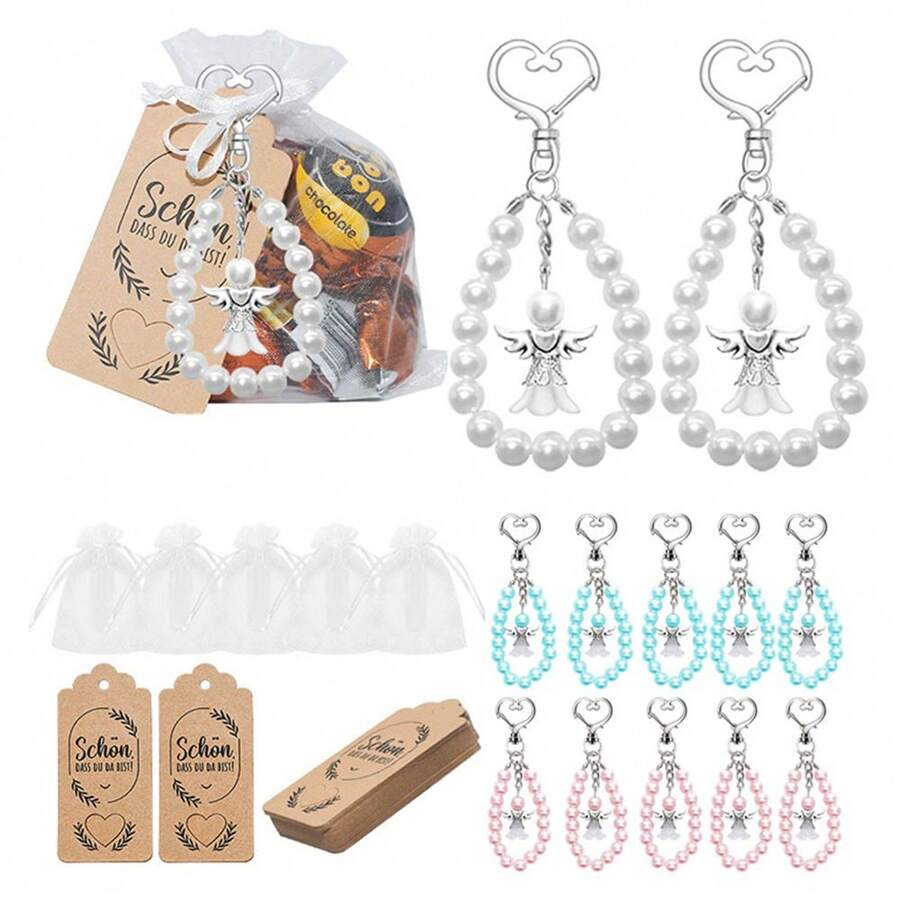 10/30pcs/Set Faux Pearl & Angel Shaped Heart Design Keychain, Greeting Card, Gift Box For Weddings, Baptism, Parties, Festivals, Family, Couples, Wife, Friends