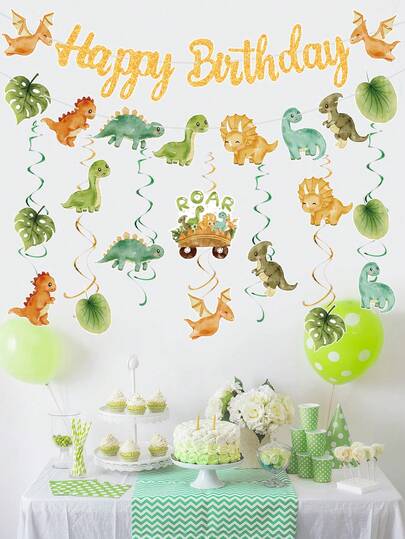 1Set Dinosaur Birthday Spiral Pendant & Banner Decor,Birthday Decorations,Babyshower Decor Pendant,Dinosaur Theme Party Supplies,Background Decor, Theme Birthday Party Decor,Green Forest Theme Background Decor,Wild One Decorations,Birthday Hanging Ornaments,Party Favor