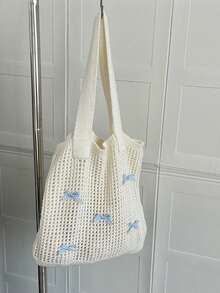 Yogodlns 新款夏季女士复古手工针织肩带手提包，女士针织镂空钩编大容量手提包，假日风 - 米色 - 查看 8