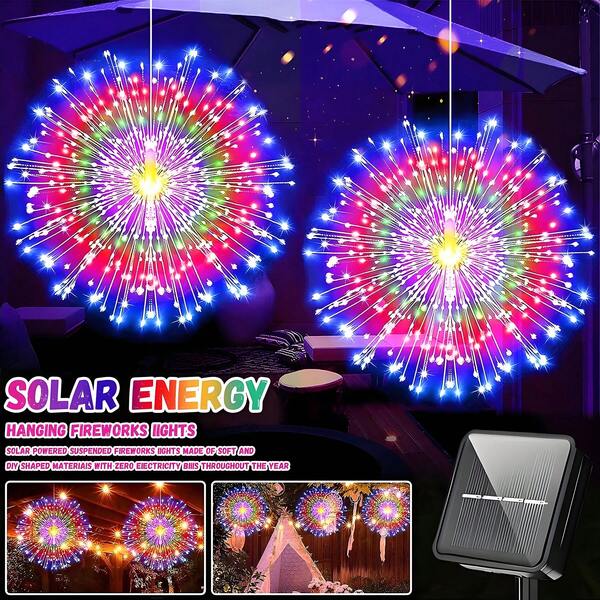 Luzes de fogo de artifício para áreas externas movidas a energia solar, luzes LED em forma de estrela de 90/150/200, luzes solares suspensas à prova d'água com 8 modos, iluminação de paisagem para gazebo/quintal/festa/casamento/aplicável, Halloween, Natal, Ação de Graças, temporada de formatura