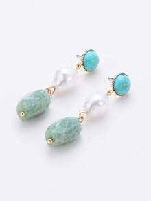 1pair Women's Fashion Bohemian Simulated Turquoise & Cracked Texture Resin Asymmetrical Faux Pearl Pendant Earrings Winter Gifts - Mint Blue - View 4