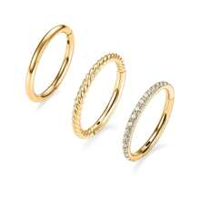 Set de 3 aros para la nariz de acero inoxidable hipoalergénico con bisagras y circonita cúbica, anillo segmentado de 16G para septum, nostril, labio, anillos de cartílago 18K chapados en oro de 8 mm y 10 mm para oreja, aretes de pabellón, concha, hebilla para el ombligo y piercing de pezón, joyería corporal unisex