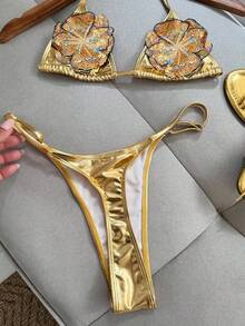 Women's Summer Solid Color Sexy Shiny Metallic Fabric Decorated With Sequin Flowers Tie-Back Bikini Set, Solid Color Bohemian Tie-Back Backless Beach Vacation - Gold - View 2