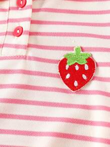 Vestido-camiseta de punto con cuello polo, estampado de rayas y bordado de fresa, ideal para exterior, sesiones de fotos, uso diario, escuela, imprescindible para primavera y verano para niñas