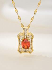 1pc Gold Luxury Rhinestone Geometric Pendant Necklace, Fashionable & Personalized, Suitable For Party, Wedding, Gift - Yellow Gold - View 7
