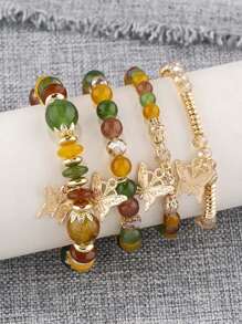 4pcs/Set Bohemian Elegant Delicate Butterfly Charm Beaded Bracelet Set, Suitable For Women's Daily Decoration