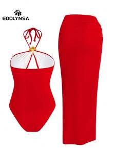 Sexy One-Piece Swimsuit Women Solid Color Plunge 2 Pieces Beachwear Conch Bikini Set With High Split Beach Skirt Resort Wear