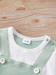 Baby Boy Cartoon Elephant Print Short Sleeve Strap Jumpsuit, Unisex Baby Romper, Spring/Summer - Green - View 3